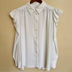 VIA BOVIO| Luxury Fashion White Square Shoulder Blouse Ruffled Sleeves Sz XL